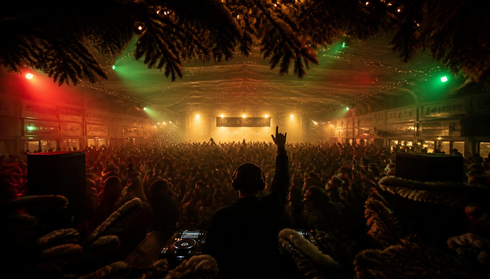 Fullsatt julefest i Fauske idrettshall med DJ og røde og grønne julelys
